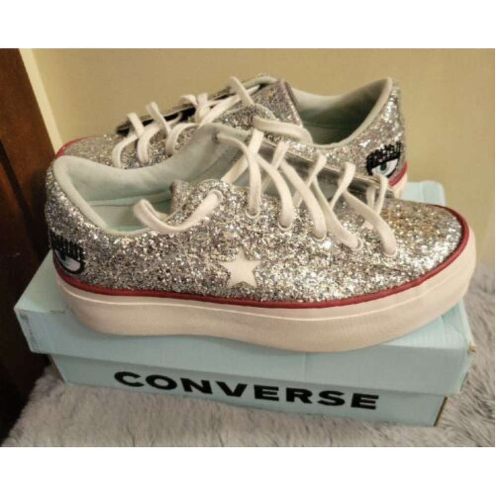 Converse Silver Glitter Low Top Sneakers with Red Trim